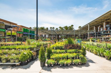 Santa Maria, Kaliforniya, ABD - 4 Nisan 2021. Bahçe merkezi ve çiçek pazarı. Çiçekler, ağaçlar, bitkiler, farklı türde saksı toprağı ve organik gübreler, bahar mevsimi