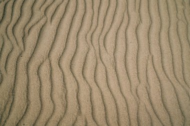Açık kahverengi kum dokusu arka plan, kumsalda rüzgarlı bir gün, desen, soyut, yukarıdan görünüm