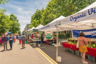 Washington D.C. USA, 25 Mayıs 2025. Müşteriler, ABD Tarım Bakanlığı 'na organik sebze ve yerel ürünler sunan çok sayıda beyaz çadıra bakıyorlar..