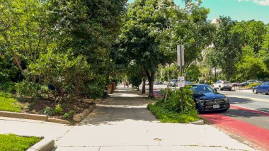 Washington D.C. USA - 24 Mayıs 2025. Gölgeli bir kaldırım, canlı bir yerleşim sokağının yanında uzanıyor..