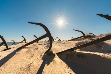 Parlak güneş ışığı tarihi çapa sahasının üzerinde parlıyor, kumsalda gömülü paslanmış demir formlarını aydınlatıyor..