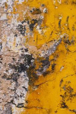 Yıpranmış beton ve soyulmuş yüzeyi olan sarımsı bir duvar dokusu..