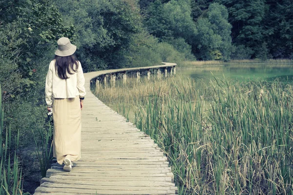 Jóvenes Viajeras Caminando Por Senderos Madera Parque Nacional Los Lagos — Foto de Stock