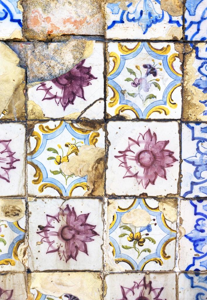 Detail of typical old Lisbon tiles, traditional decoration of Portugal