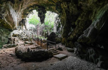 Mağara Patate 'nin görüntüsü Rodrigues Adası, Mauritius Takımadaları' nda birkaç dikit ve sarkıt oluşumuyla etkileyici bir mağara sistemi.