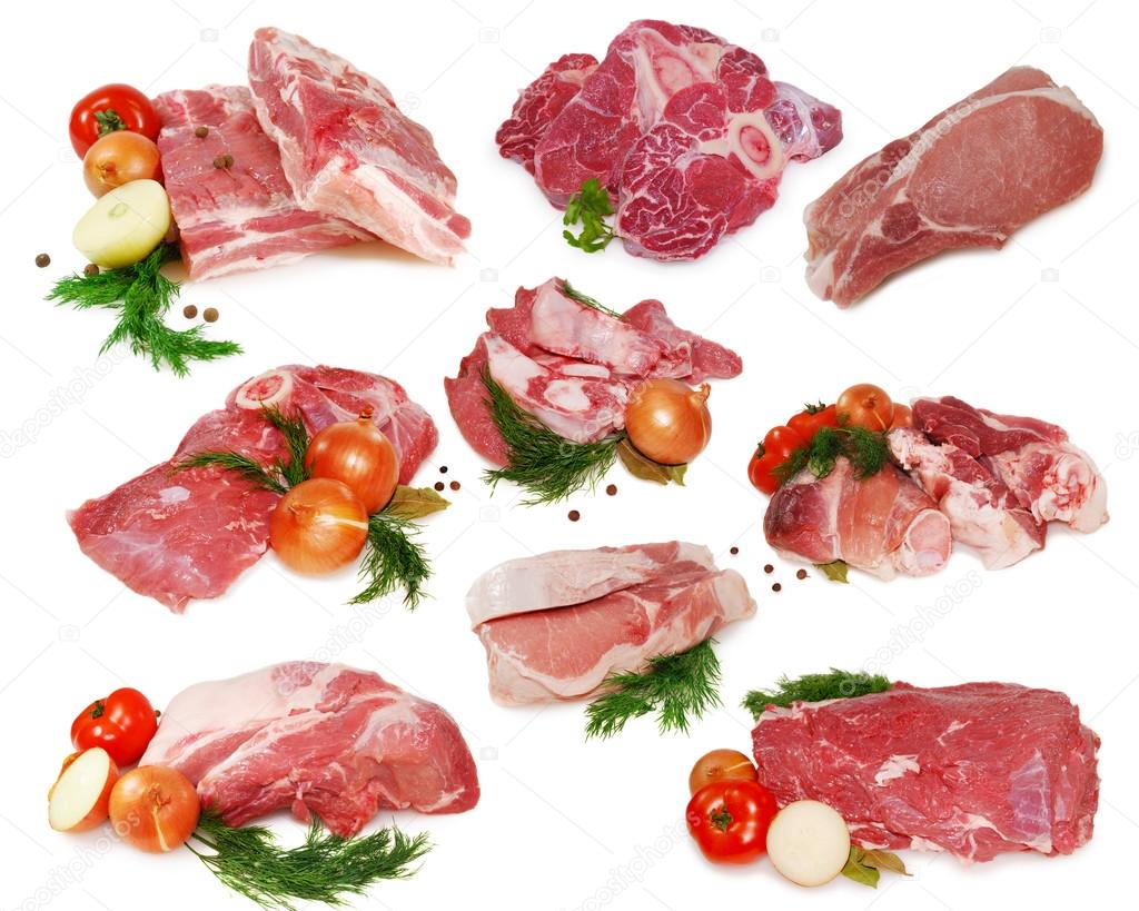 Raw meat. Collection of different pork and beef slices isolated on white background