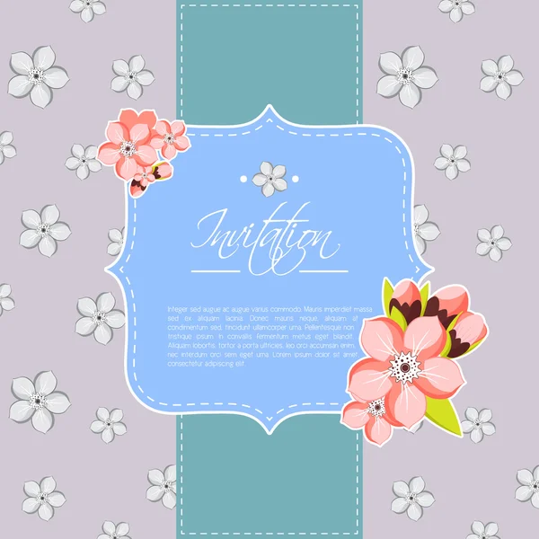 Beautiful invitation or greeting card template with pink almond flowers. Vector illustration in a vintage style — Stock Vector