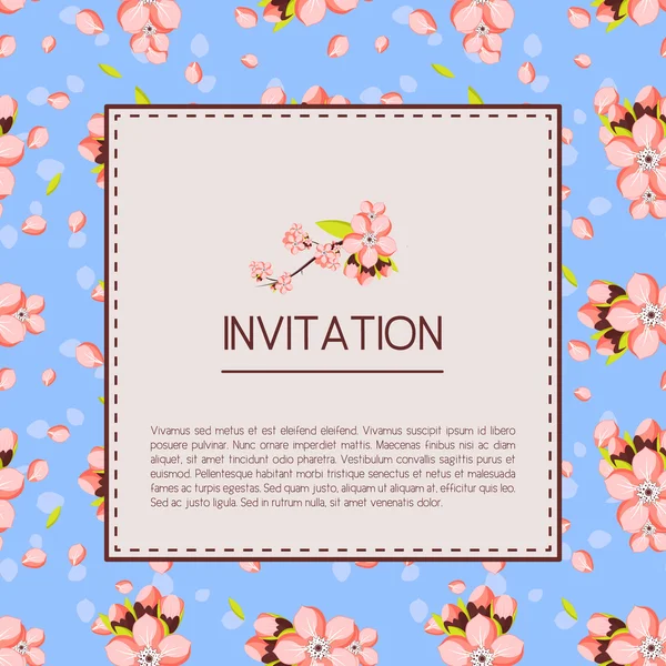 Bonito modelo de convite ou cartão de saudação com flores de amêndoa rosa. Ilustração vetorial em estilo vintage —  Vetores de Stock