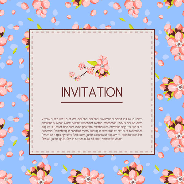 Beautiful invitation or greeting card template with pink almond flowers. Vector illustration in a vintage style