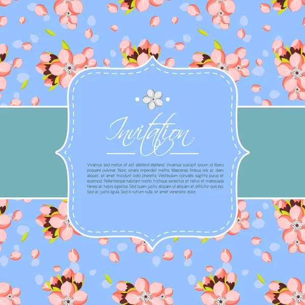 Bonita plantilla de invitación o tarjeta de felicitación con flores de almendras rosadas. Ilustración vectorial en un estilo vintage — Vector de stock
