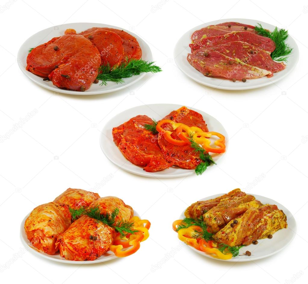 Raw meat. Collection of different pork, beef and chicken slices witj sauce isolated on white