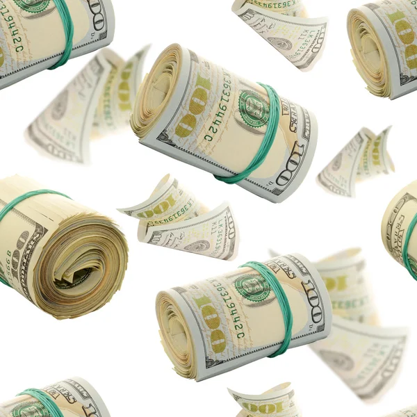 Dikişsiz desen bol bir yüz dolar faturaları ve rulo uçan. Soyut para arka plan