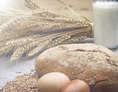 buğday ekmek, süt ve yumurta ahşap bir masa üzerinde cam. Ülke natürmort