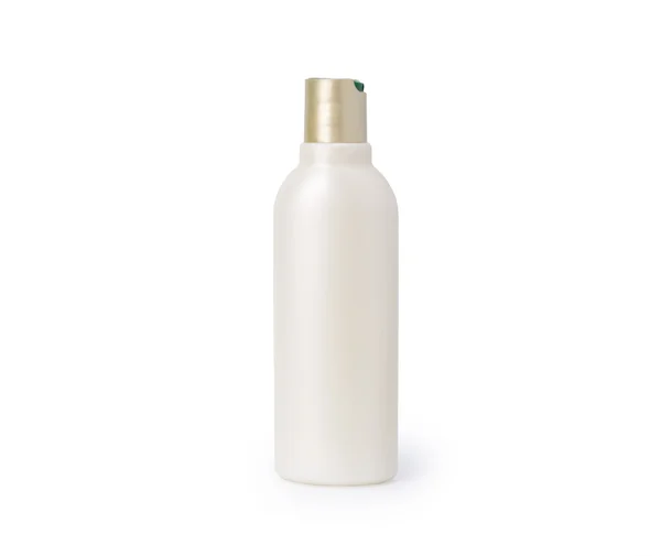 White Shampoo or body care cosmetic bottle with dispenser isolated. — Stock Photo, Image