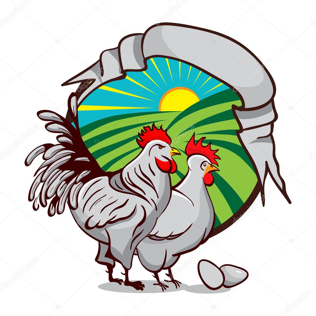 Farm emblem for organic production. Label with Hen and Rooster.