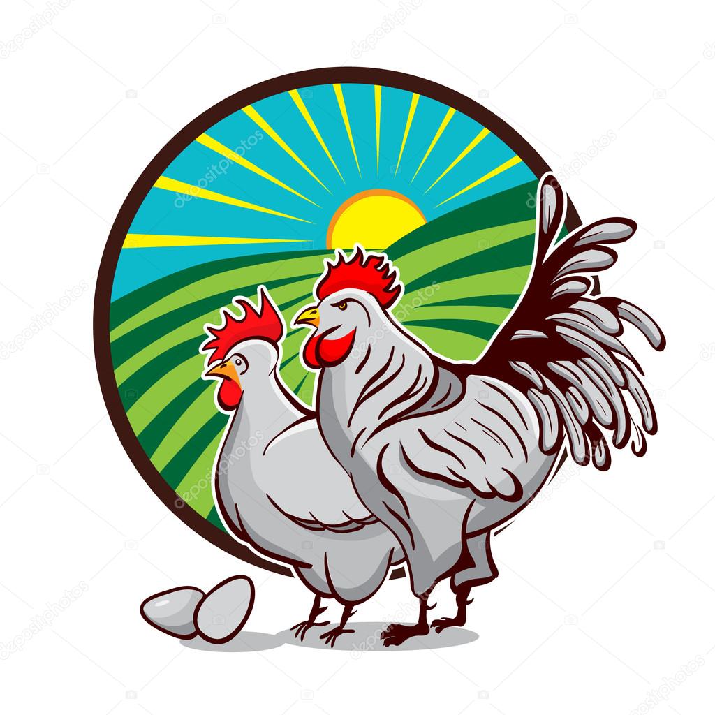 Farm emblem for organic production. Label with Hen and Rooster. Vector illustration