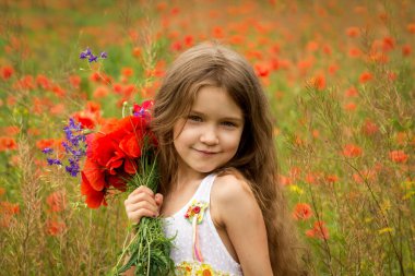Parlak bir haşhaş tarlasında şapkası olan 6 yaşında sevimli bir kız. Kırmızı gelinciklerle dolu yaz tarlasında uzun kıvırcık saçlı şirin bir kızın portresi..