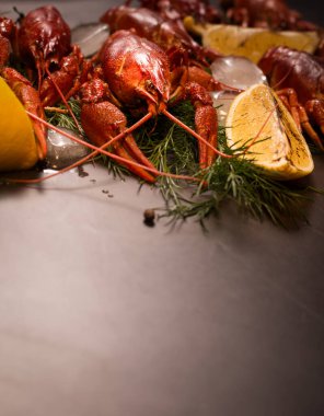 Kaynamış kırmızı kerevit, limon dilimleri ve siyah bir yüzey üzerinde buz küpleriyle yemeye hazır. Taze deniz ürünleri..