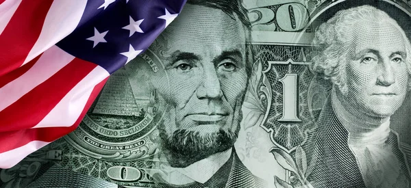 Collage Dollarsedlar Element Och Amerikansk Flagga Finansiell Företagsbakgrund — Stockfoto