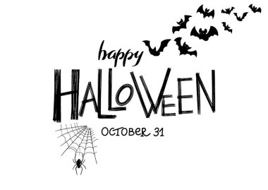 Cadılar Bayramı yazıları, el yapımı balkabakları olan klasik bir poster. Cadılar Bayramı sembollü minimalist tarzda davetiye ya da tebrik kartı için iyi.