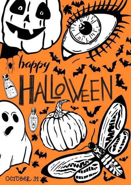 Affiche avec lettrage Halloween, citrouilles dessinées à la main. Bon pour la carte de vœux d'invitation dans un style minimaliste avec des symboles traditionnels d'Halloween. — Image vectorielle