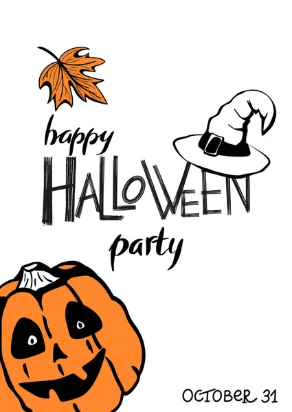 Cartel con letras de Halloween, calabazas y murciélagos dibujados a mano. Bueno para la invitación tarjeta de felicitación en estilo minimalista con símbolos de Halloween. — Vector de stock