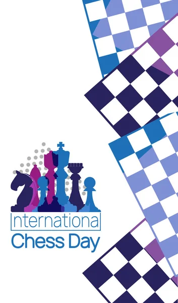 Banner zum Internationalen Schachtag. Vektor-Illustration von Schachfiguren König, Dame und Bischof in der Nähe des Schachbretts. — Stockvektor
