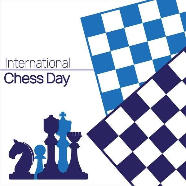 Banner zum Internationalen Schachtag. Vektor-Illustration von Schachfiguren König, Dame und Bischof in der Nähe des Schachbretts. — Stockvektor