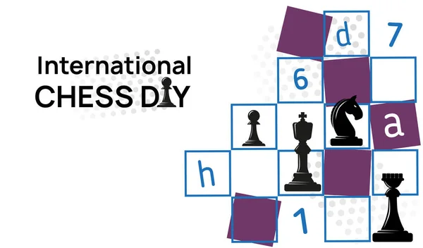국제 체스의 날 깃발. 체스 체스판 근처에 있는 체스 피에체 킹, 퀸, 비숍을 그린 벡터 그림. — 스톡 벡터
