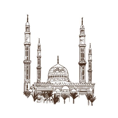 Kurban Bayramı pankartlarına el çizimi İslami Cami Tasviri. Tatiller için vektör illüstrasyonu.