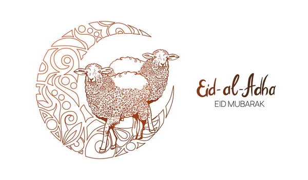 Bosquejo dibujado a mano de ovejas y mezquita islámica con luna creciente ornamental a banderas festivas de Eid-al-Fitr. Ilustración vectorial para vacaciones. — Vector de stock