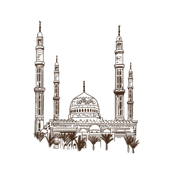 Ручной рисунок исламской мечети на праздничных баннерах Ид-аль-Фитра. Векторная иллюстрация к праздникам. — стоковый вектор