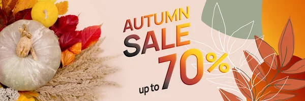 Banner de venta de otoño con foto de calabaza y hojas de otoño brillantes y elementos gráficos de decoración. — Foto de Stock