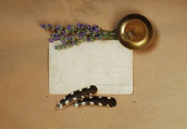 Eski kartpostal, enfiye, lavanta ve tüy buket ile antika arka plan