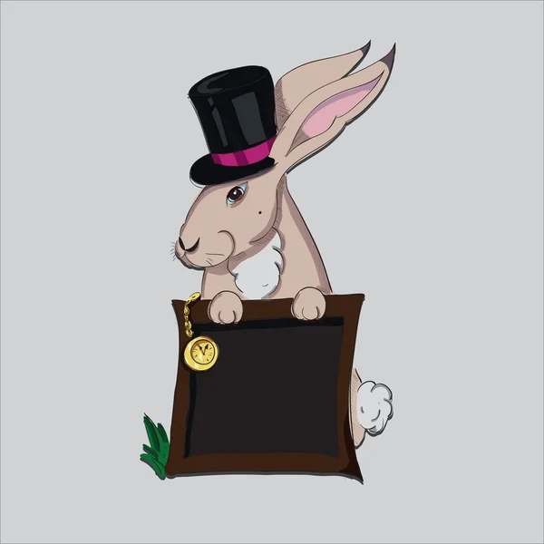Colored hand drawn portrait of rabbit in a tall hat with clock and billboard for text. Stock Illustration