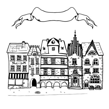 Suluboya mor arka plan ile eski bir Avrupa binaların Kroki. 