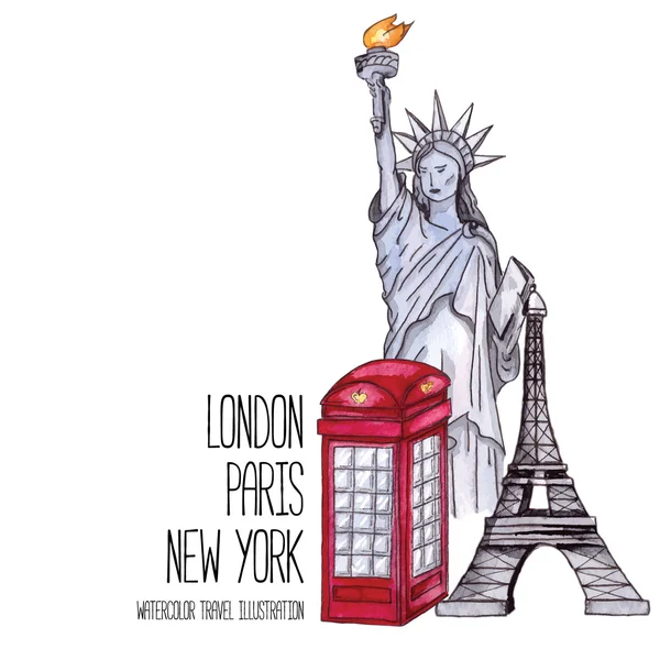 London red telephone box, Statue of Liberty and the Eiffel Tower. Watercolor illustration — Διανυσματικό Αρχείο