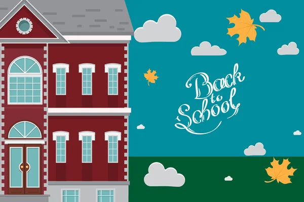 Mano atraída hacia atrás a las letras de la escuela Edificio de la escuela en frente del cielo azul con nubes y hojas de otoño. Ilustración plana del vector — Vector de stock