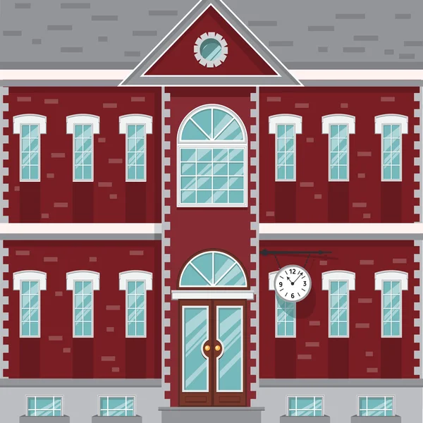 大厦、 红色和白色旧建筑墙上的时钟。平面矢量图 — 图库矢量图片