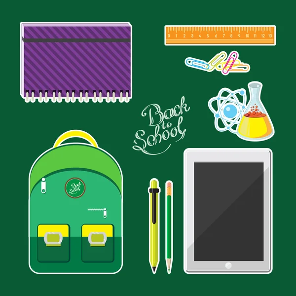 Conjunto de útiles escolares y tableta de computadora. Ilustración vectorial — Vector de stock