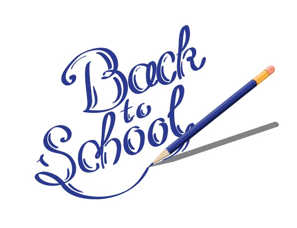 Caligrafía Volver a la escuela escrito con lápiz azul sobre fondo blanco. Ilustración vectorial — Vector de stock