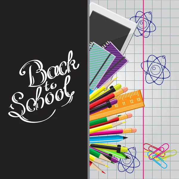 Kaligrafické zpět do školy ilustrace sadou šablon, počítačové tablety na listu cvičebnice — Stockový vektor