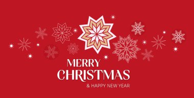 Mutlu tatiller, altın ve beyaz kar taneleri ve Noel yıldızlarıyla minimalist pankart konsepti. Mutlu Noeller ve Mutlu Yıllar tebrik kartları, sosyal medya paylaşımı veya davetiye tasarımı.
