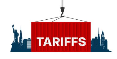 Gümrük ve ticaret savaş konsepti. Beyaz arka planda lojistik kargo konteynırı olan New York 'taki binaların siluetleri. İş ve finans temalı vektör çizimi.