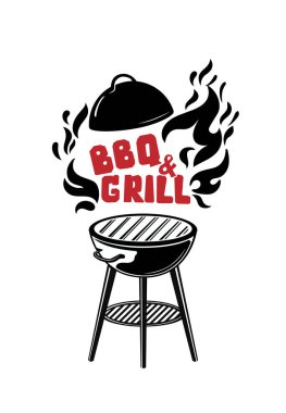 Barbekü logosu tasarımı. Barbekü restoranı ya da bar menüsünde barbekü silueti ve yemek pişirme aleti var. vektör illüstrasyonu