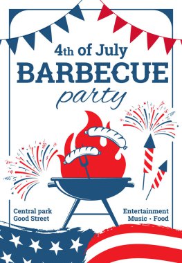 4 Temmuz barbekü partisi posteri ya da broşür. Yaz barbekü pikniği davetiyesi. Sosis, yiyecek ve kutlama için ulusal dekoratif unsurlarla barbekü vektör illüstrasyonu.