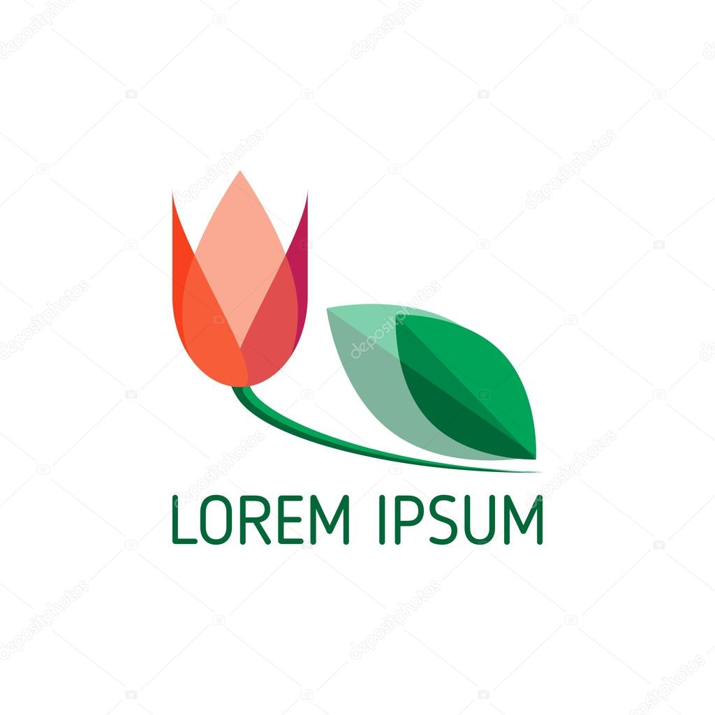 Pink tulip with leaves, vector logo for spa salon or flower shop