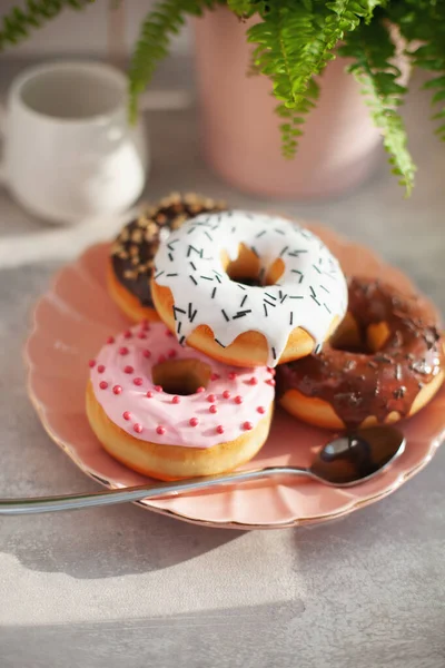 Sweet Fresh Colored Different Donuts Chocolate Frosted Glazed Sprinkles Icing — Stock Photo, Image