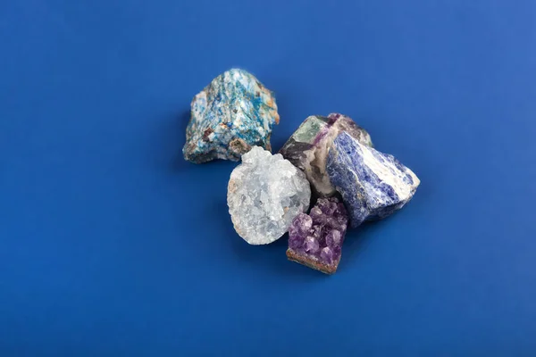 Set Close Natural Minerals Precious Stones Classic Blue Background Use — Stock Photo, Image