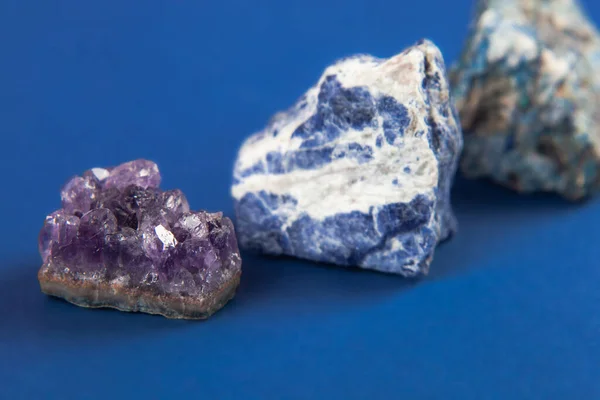 Set Close Natural Minerals Precious Stones Classic Blue Background Use — Stock Photo, Image